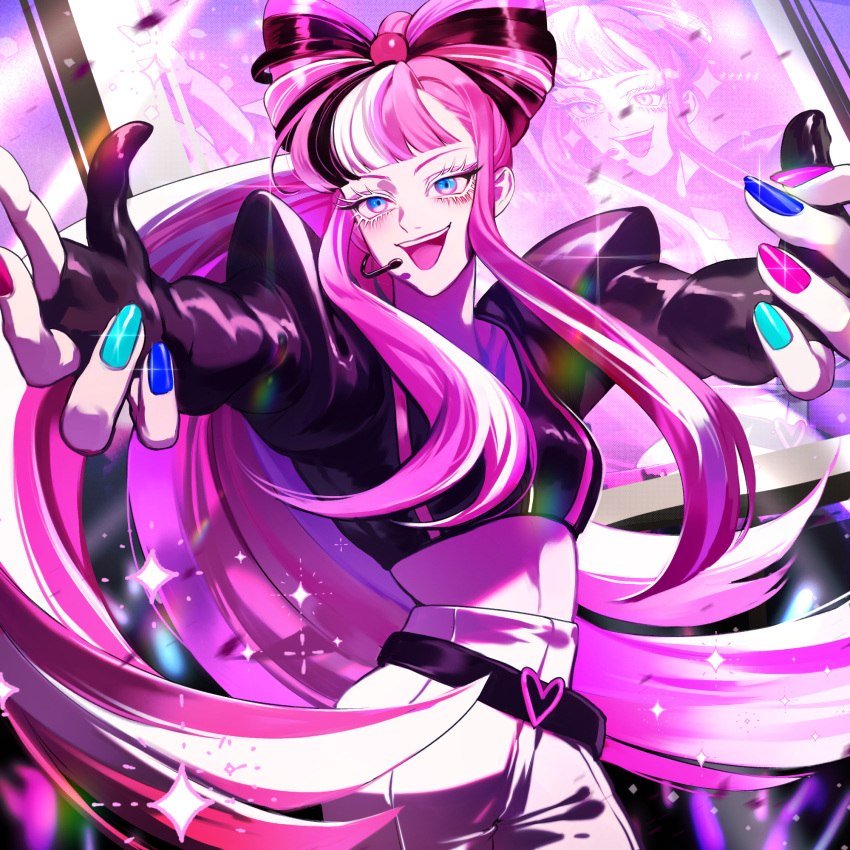 1girl belt black_belt black_hair blue_eyes concert cookie_run eyeshadow glowstick happy highres humanization jewelry looking_at_viewer makeup multicolored_hair multicolored_nails nail_polish pants personification pink_hair shining_glitter_cookie sico_05 smile sparkle stage white_pants