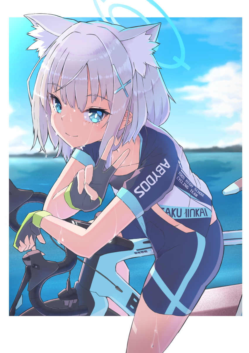 1girl animal_ears bicycle bike_jersey bike_shorts blue_archive blue_eyes blue_sky border check_commentary cloud collarbone commentary commentary_request day eyelashes fingerless_gloves fox_ears glint gloves ground_vehicle hair_between_eyes hair_ornament hairclip halo handlebar highres horizon leaning_forward looking_at_viewer outdoors shiroko_(blue_archive) short_sleeves sidelocks sky smile sparkle strail_cycleman sweat thighs v water wet wet_hair white_border white_hair