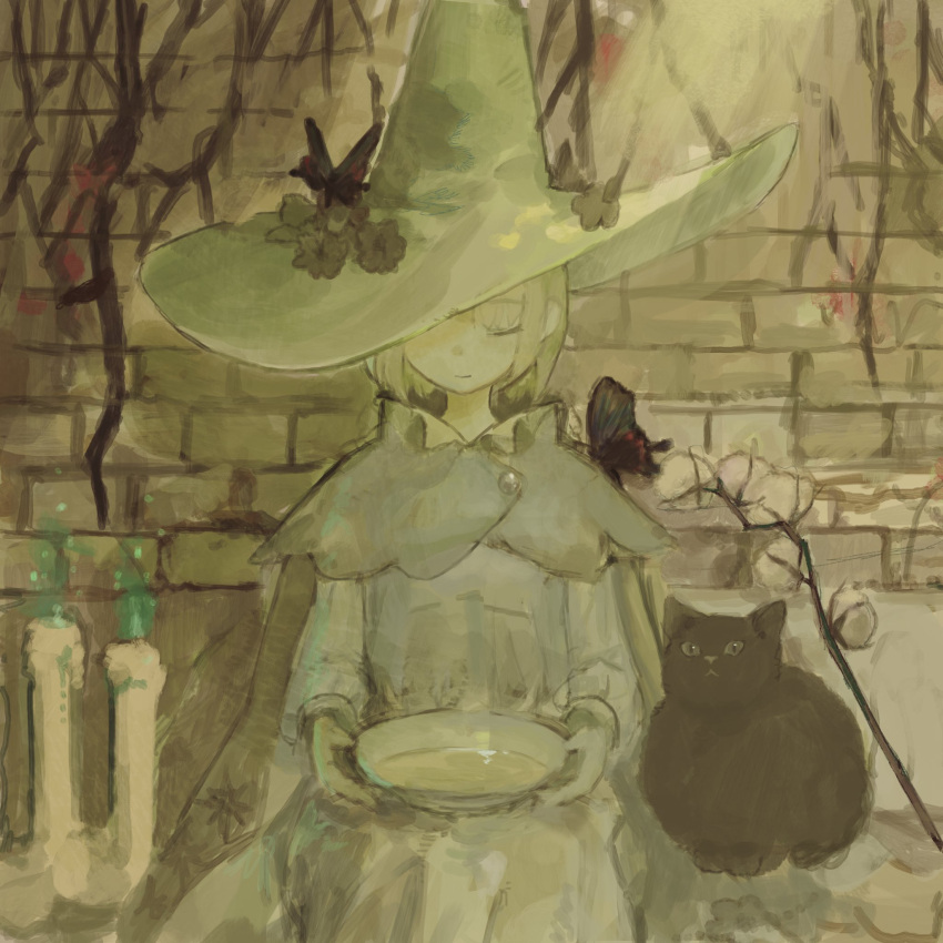 1girl black_cat bob_cut bowl brick_wall bug butterfly butterfly_on_head butterfly_on_shoulder candle cape cat chisato_charme closed_eyes closed_mouth feet_out_of_frame fire flower green_fire hat hat_flower highres holding holding_bowl medium_hair one_eye_covered original pale_color sitting sketch solo staff white_hair witch witch_hat