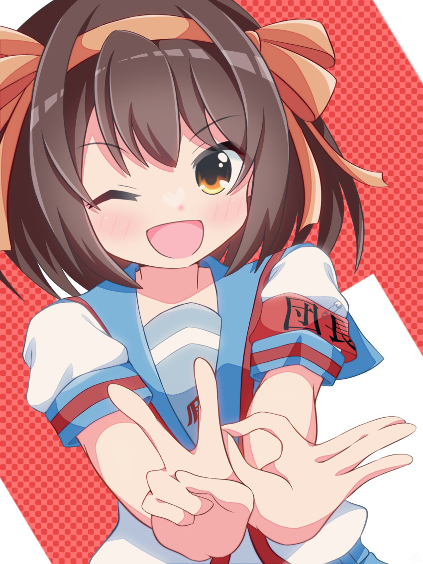 1girl ;d absurdres beenyan_1203 blue_sailor_collar brown_eyes brown_hair hair_between_eyes hair_ribbon hairband highres kita_high_school_uniform looking_at_viewer ok_sign one_eye_closed open_mouth orange_hairband orange_ribbon puffy_short_sleeves puffy_sleeves red_armband red_background red_ribbon ribbon safety_pin sailor_collar sailor_shirt school_uniform shirt short_sleeves simple_background smile solo summer_uniform suzumiya_haruhi suzumiya_haruhi_no_yuuutsu upper_body v v-shaped_eyebrows white_shirt