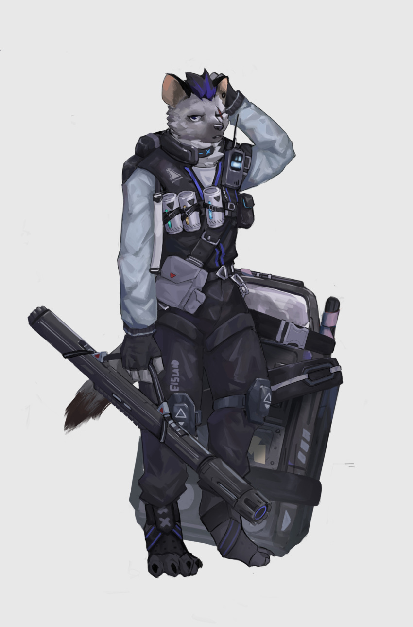 2023 absurd_res anthro arknights bandolier clothing collar ear_piercing fingerless_gloves fur gloves grey_body grey_fur hair handwear hi_res holding_object hyena hypergryph illuianagiros looking_at_viewer male mammal multicolored_hair piercing riot_shield scar shield simple_background solo spot_(arknights) spotted_hyena studio_montagne tail two_tone_hair walkie-talkie