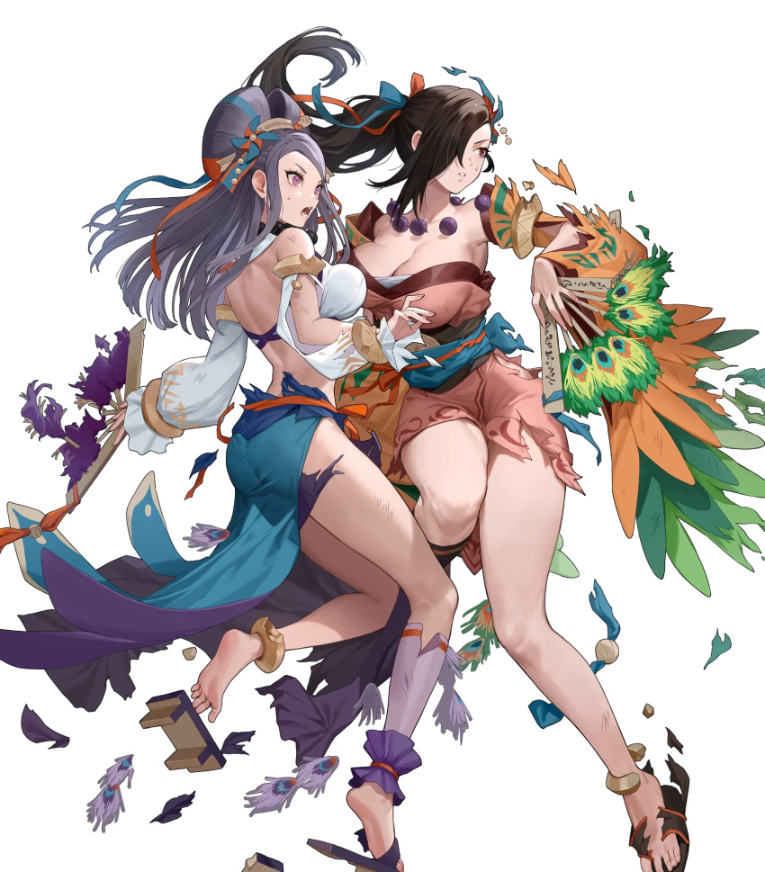 2girls bare_shoulders breasts brown_hair detached_sleeves ekao feathers fire_emblem fire_emblem_fates fire_emblem_heroes geta highres holding jewelry kagero_(fire_emblem) large_breasts long_hair midriff multiple_girls navel necklace non-web_source official_art orochi_(fire_emblem) purple_eyes purple_hair red_eyes sandals side_slit skirt stomach toeless_footwear transparent_background wide_sleeves