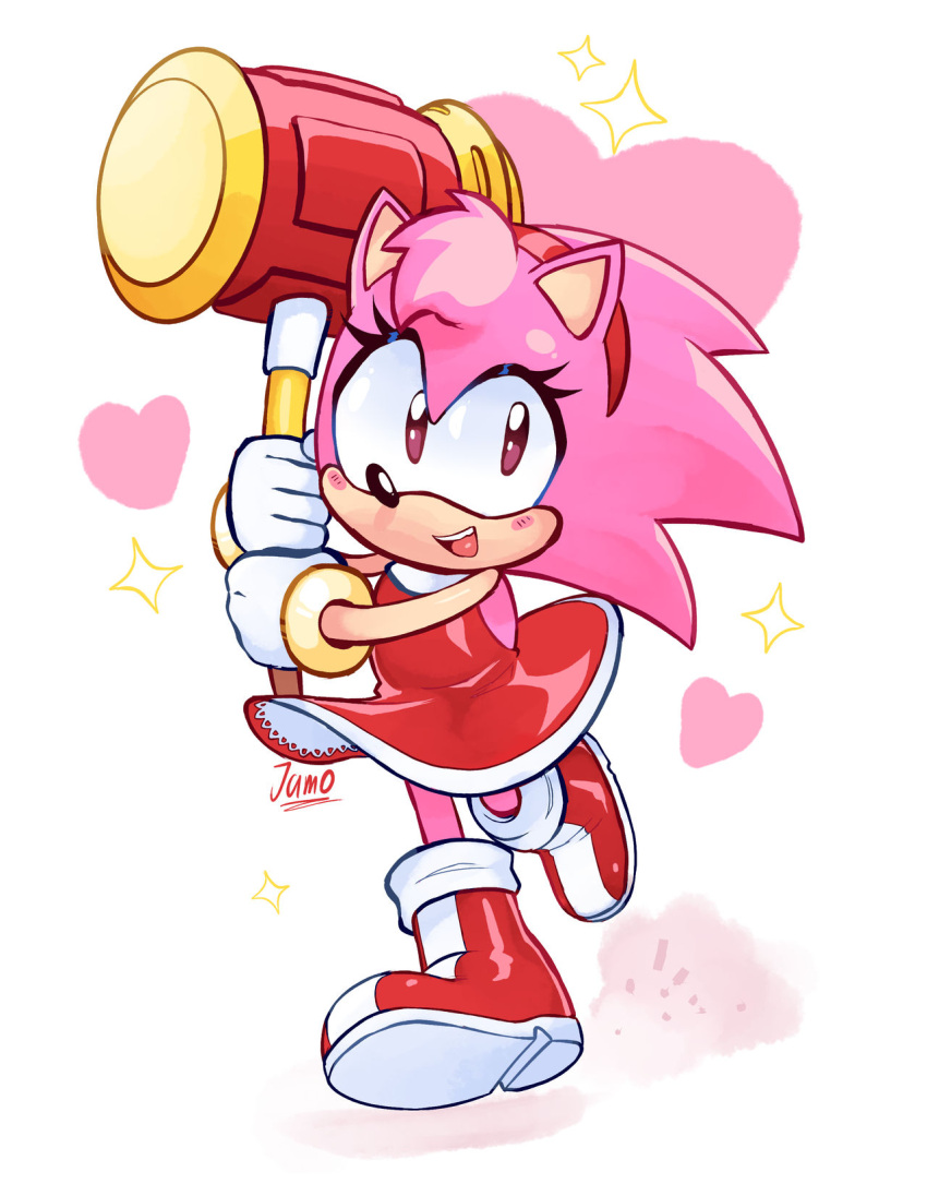 &lt;3 2023 accessory amy_rose anthro boots clothing dress eulipotyphlan eyelashes female footwear glistening glistening_clothing gloves hair_accessory hairband hammer handwear hedgehog hi_res jamoart looking_at_viewer mammal open_mouth open_smile pink_body red_boots red_clothing red_footwear sega smile solo sonic_the_hedgehog_(series) sparkles tools