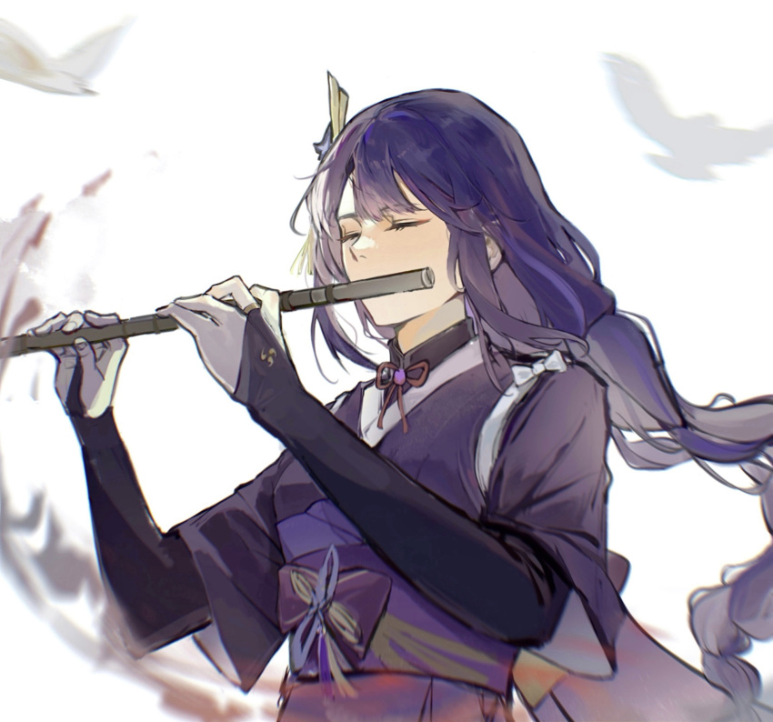 1girl bird braid closed_eyes genshin_impact hair_between_eyes hair_ornament highres holding holding_instrument instrument japanese_clothes kis7908992 long_hair music outdoors playing_instrument purple_hair raiden_shogun single_braid solo white_background