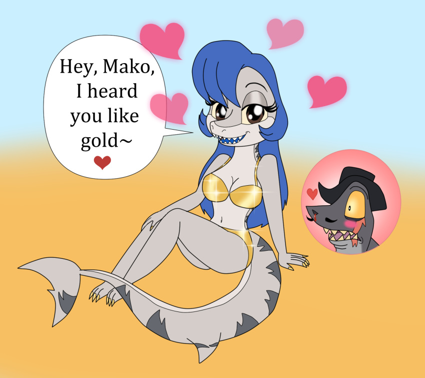 &lt;3 &lt;3_eyes anthro bikini blood blue-tongued_skink blue_hair blue_tongue bluebell_(kendraeevee) bodily_fluids brown_eyes canon_x_oc clothing colored_nails dialogue duo facial_hair female fish gold_bikini grey_body grey_skin hair hi_res hybrid kendraeevee kendratheshinyeevee lizard long_gone_gulch love mako_(long_gone_gulch) male male/female marine markings mustache nails nosebleed reptile requiem_shark scalie scar seductive shark sharp_teeth skink striped_markings stripes swimwear teeth tiger_shark tongue yellow_sclera