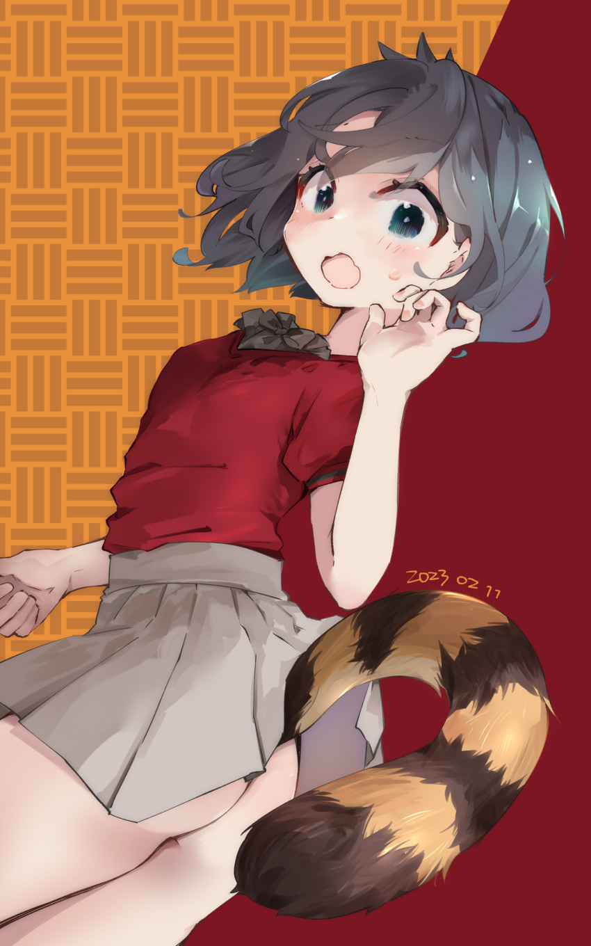 1girl :o adapted_costume aqua_eyes ass bare_arms black_hair commentary_request dated highres kaban_(kemono_friends) kemono_friends looking_at_viewer nanana_(nanana_iz) open_mouth pleated_skirt red_shirt shirt short_hair short_sleeves skirt solo striped_tail tail wavy_mouth white_skirt