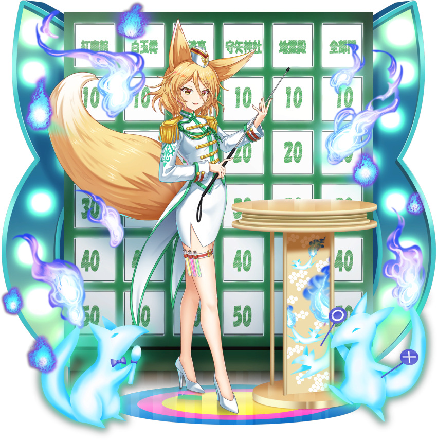 1girl animal_ears bare_legs blonde_hair epaulettes fox_ears fox_girl fox_tail high_heels highres jeopardy! kudamaki_tsukasa miniskirt non-web_source pencil_skirt rotte_(1109) short_hair skirt tail touhou yellow_eyes