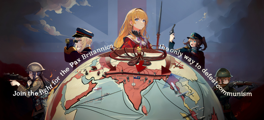 5girls absurdres azur_lane binoculars country_connection crossover english_commentary english_text girls'_frontline globe gun hammer_and_sickle handgun helmet highres india lee-enfield_(girls'_frontline) lewis_(girls'_frontline) map military_uniform multiple_girls octopus propaganda queen_elizabeth_(azur_lane) rifle soviet sri_lanka takemori_kohoto uniform union_jack united_kingdom warspite_(azur_lane) weapon webley_(girls'_frontline)