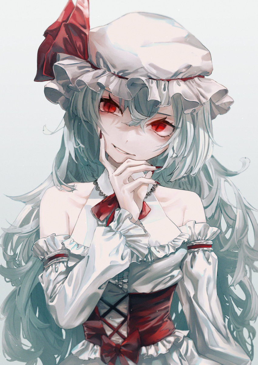 1girl absurdres bow dress hat head_tilt highres long_hair looking_at_viewer mob_cap red_bow red_eyes red_nails remilia_scarlet safutsuguon smile solo touhou white_background white_dress white_hair white_headwear white_sleeves