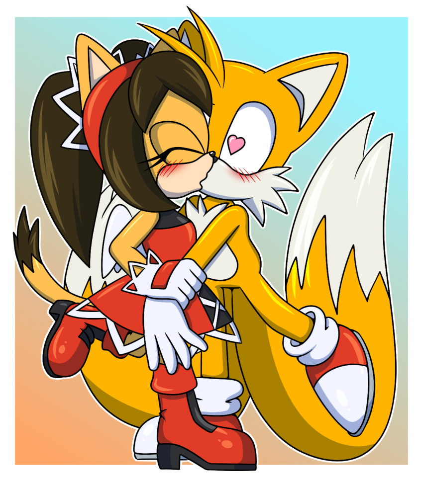 &lt;3 &lt;3_eyes 2023 anthro anthro_on_anthro blush boots canid canine clothing duo felid feline female footwear fox gloves handwear hi_res honey_the_cat kiss_on_lips kissing male male/female mammal miles_prower sega shoes sonic_the_fighters sonic_the_hedgehog_(series) sonicguru