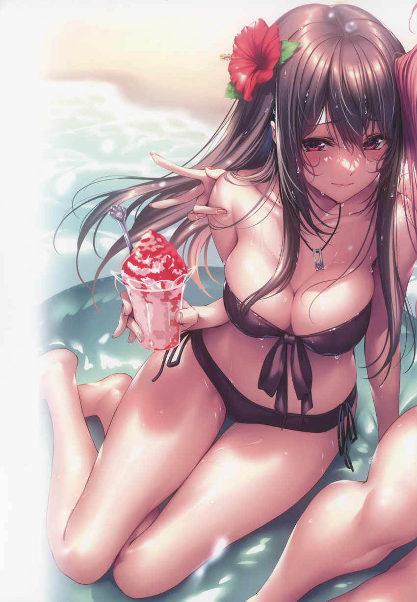 1girl absurdres bare_shoulders barefoot bikini blush breasts brown_eyes brown_hair cleavage closed_mouth feet fingernails flower food front-tie_bikini_top front-tie_top hair_flower hair_ornament hanikami_kanojo hibiscus highres holding holding_food jewelry lips long_hair medium_breasts minazumi_kasane navel necklace out_of_frame partially_submerged piromizu scan shaved_ice shore simple_background sitting spoon stomach swimsuit thighs water water_drop wet