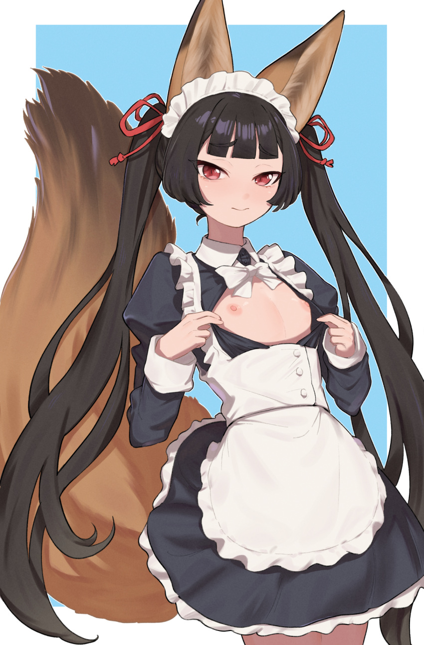 1girl animal_ears apron black_dress black_hair blue_background blunt_bangs border bow bowtie center_opening doka_yuki_(tsumorisugi) dress flat_chest fox_ears fox_tail frilled_dress frills highres juliet_sleeves light_smile long_hair long_sleeves looking_at_viewer maid maid_apron maid_headdress nipples opened_by_self original puffy_sleeves red_eyes sidelocks smile solo tail twintails very_long_hair white_border white_bow white_bowtie