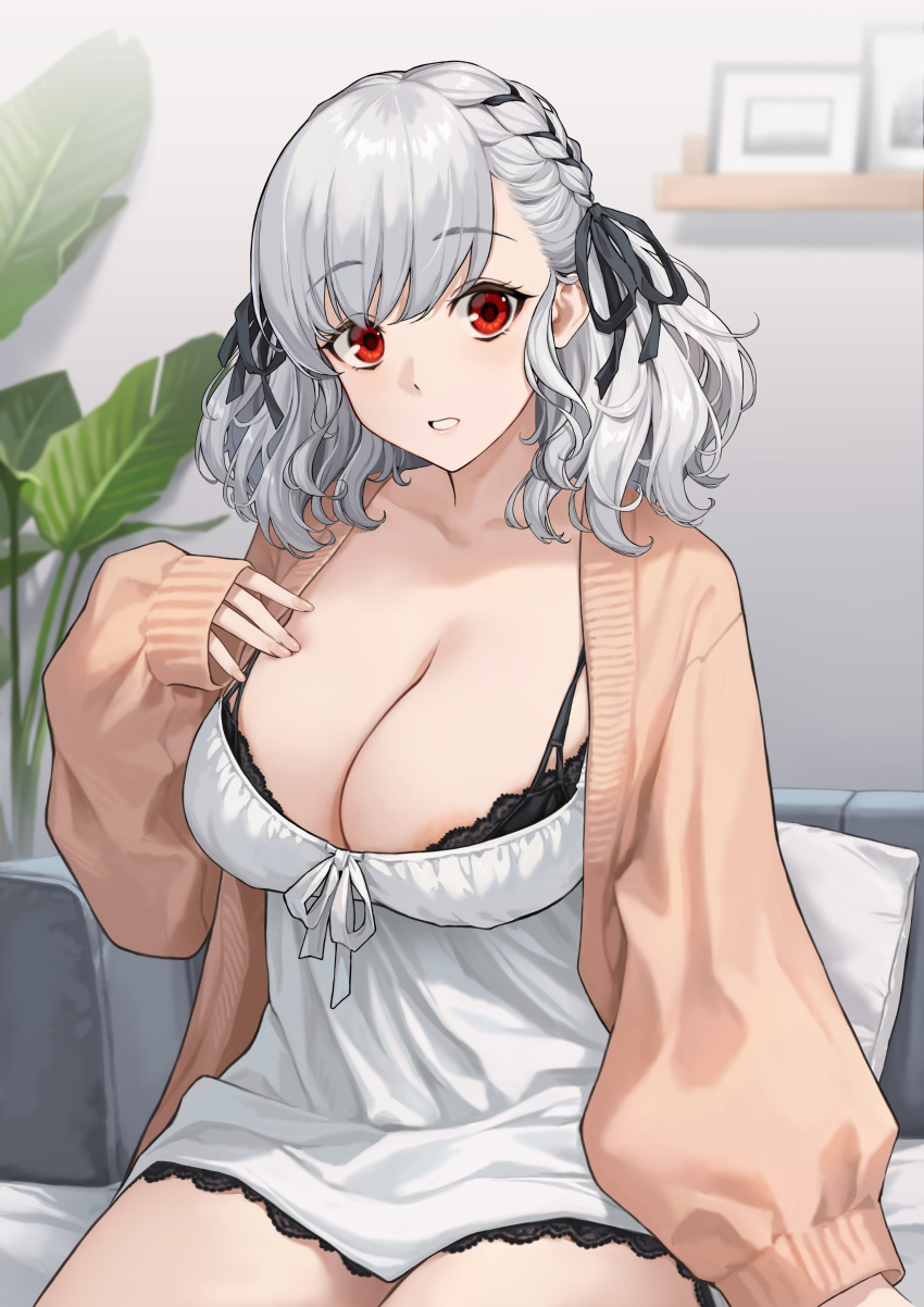 absurdres alternate_costume black_bra bra braid breasts camisole cardigan cleavage collarbone couch girls'_frontline hand_up highres huge_breasts indoors looking_at_viewer on_couch open_cardigan open_clothes open_mouth picture_frame plant red_eyes shelf sitting spas-12_(girls'_frontline) tan_sweater terras underwear upper_body very_long_sleeves white_camisole white_hair