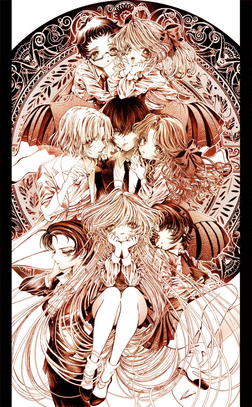 1boy 6+girls aya_carmine braid cigarette collared_shirt expressionless formal full_body glasses greyscale hair_ornament hair_ribbon hairclip head_rest highres hitomi_hirosuke_(sayonara_wo_oshiete) holding holding_cigarette labcoat long_hair meguro_miyuki millipen_(medium) monochrome multiple_girls neck_ribbon necktie oomori_tonae open_mouth parted_lips pleated_skirt ribbon sayonara_wo_oshiete school_uniform shirt shoes short_hair side_braids skirt smile smoking socks sugamo_mutsuki suit takada_nozomi takashima_semina tamachi_mahiru traditional_media twintails ueno_koyori uwabaki very_long_hair vest wavy_hair