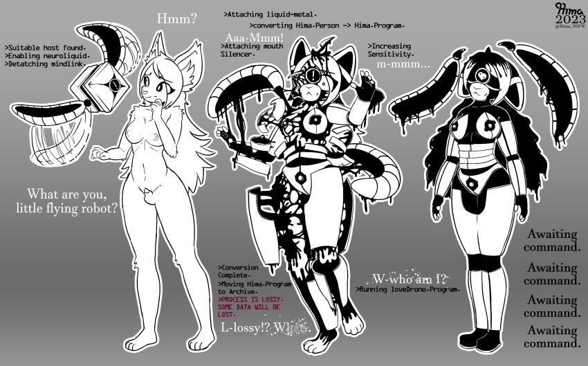 absurd_res anthro armor augmented black_and_white box breasts canid canine computer confusion container corruption dialogue drone dronification english_text exposed_breasts floating_ears flying fox genitals goo_transformation gynomorph hi_res hima_nsfw himalaya_(hima_nsfw) intersex lagomorph latex leporid machine mammal metal metal_armor mind_break mind_control monochrome overwritten penis rabbit robot sequence slim slime solo text transformation
