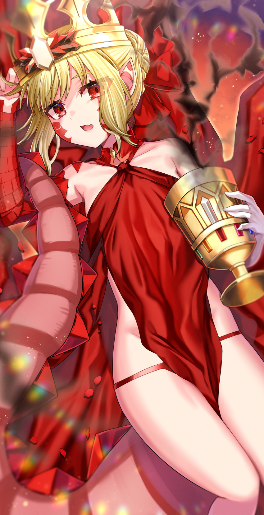 1girl absurdres akirannu bare_shoulders blonde_hair braid breasts chalice collarbone commentary_request crown dragon_tail dress elbow_gloves facial_mark fate/grand_order fate_(series) french_braid gloves hair_bun hair_intakes hair_ribbon highres long_hair looking_at_viewer nero_claudius_(fate) open_mouth pelvic_curtain pointy_ears queen_draco_(fate) queen_draco_(first_ascension)_(fate) red_dress red_eyes red_ribbon ribbon scales single_glove small_breasts solo tail thighs white_gloves