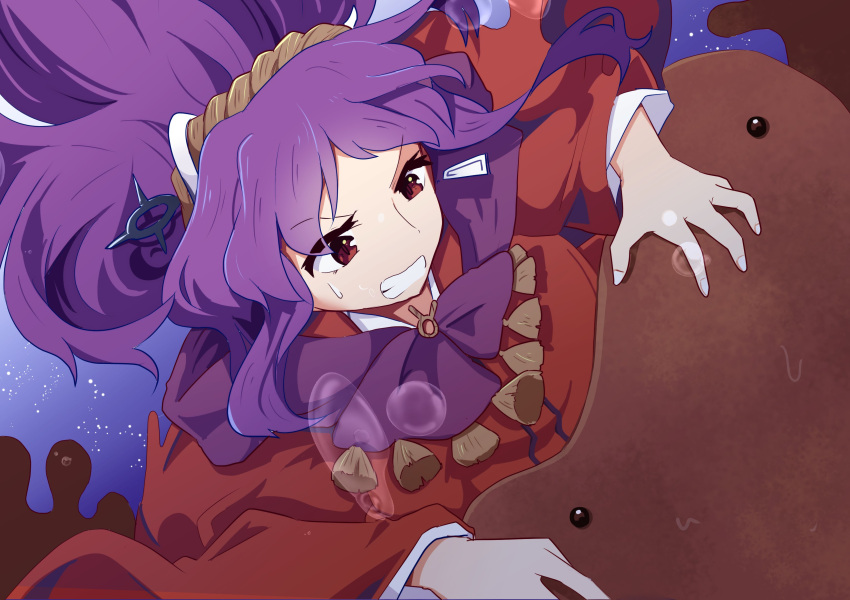 1girl absurdres animal_ears clenched_teeth earrings giant_salamander glaring highres jewelry kanisawa_yuuki long_hair lotus_eaters official_alternate_costume purple_hair red_eyes solo teeth touhou upper_body vore wide_sleeves yasaka_kanako