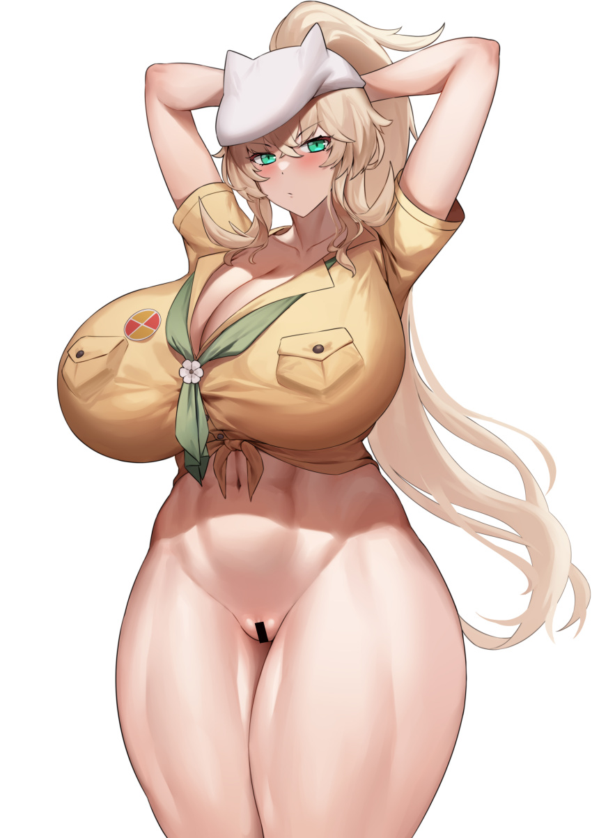 1girl abs absurdres arms_behind_head arms_up bar_censor barghest_(fate) barghest_(swimsuit_archer)_(fate) blonde_hair blush bottomless breasts censored cleavage fate/grand_order fate_(series) green_eyes grey_headwear hat high_ponytail highres huge_breasts jingb_dx long_hair looking_at_viewer muscular muscular_female navel neckerchief shirt short_sleeves sidelocks solo thick_thighs thighs tied_shirt yellow_shirt