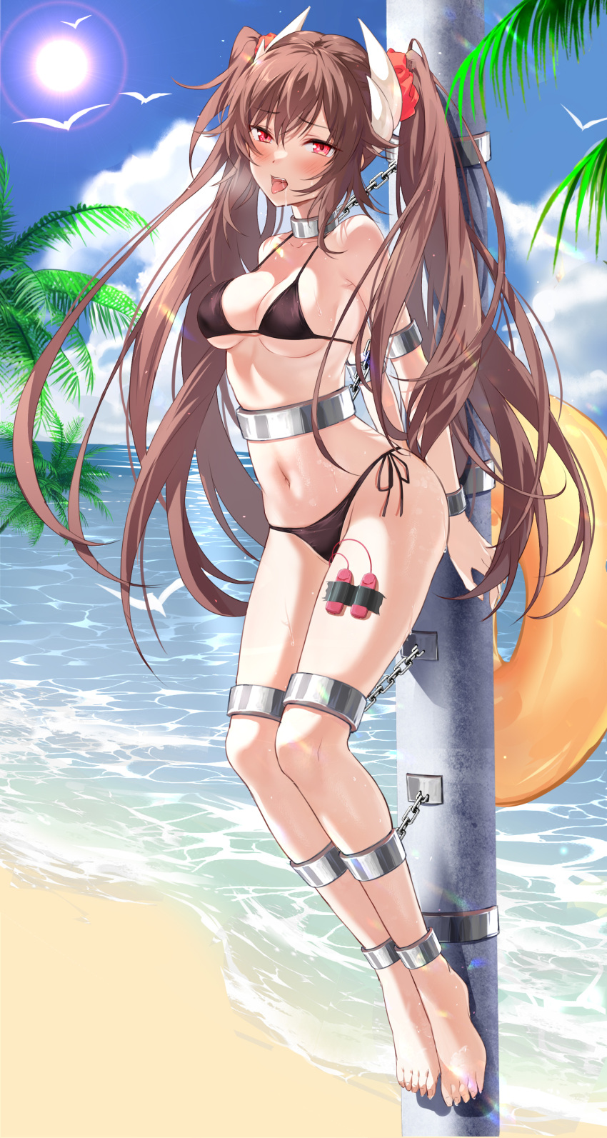 1girl absurdres arms_behind_back ass azur_lane bare_shoulders barefoot beach bikini bird black_bikini blue_sky blush bound breasts brown_hair chain chained cleavage cloud cloudy_sky collarbone commentary cuffs day devil_heavens drooling feet full_body furrowed_brow groin hair_between_eyes hair_ornament hair_scrunchie half-closed_eyes halterneck haruna_(azur_lane) heavy_breathing highres horns immobilization innertube legs_together lens_flare long_hair looking_at_viewer medium_breasts moaning navel ocean open_mouth outdoors palm_leaf palm_tree pole red_eyes red_scrunchie restrained saliva scrunchie sex_toy shackles shadow side-tie_bikini_bottom sidelocks sky solo stationary_restraints stomach string_bikini sun sweat swimsuit tape teeth tongue tongue_out tree twintails underboob upper_teeth_only vibrator water