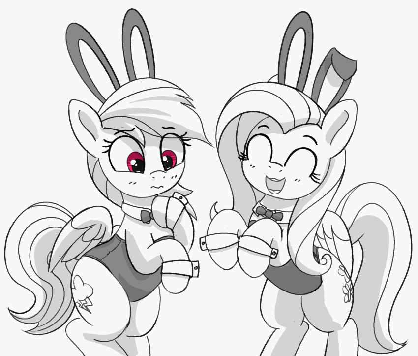 2023 blush blush_lines bow_tie bunny_costume clothing costume cutie_mark duo equid equine eyelashes eyes_closed fake_ears fake_rabbit_ears feathered_wings feathers female feral fluttershy_(mlp) friendship_is_magic grey_background greyscale hair hasbro hi_res mammal mane monochrome my_little_pony pabbley pegasus pink_eyes rainbow_dash_(mlp) simple_background suit tail wings
