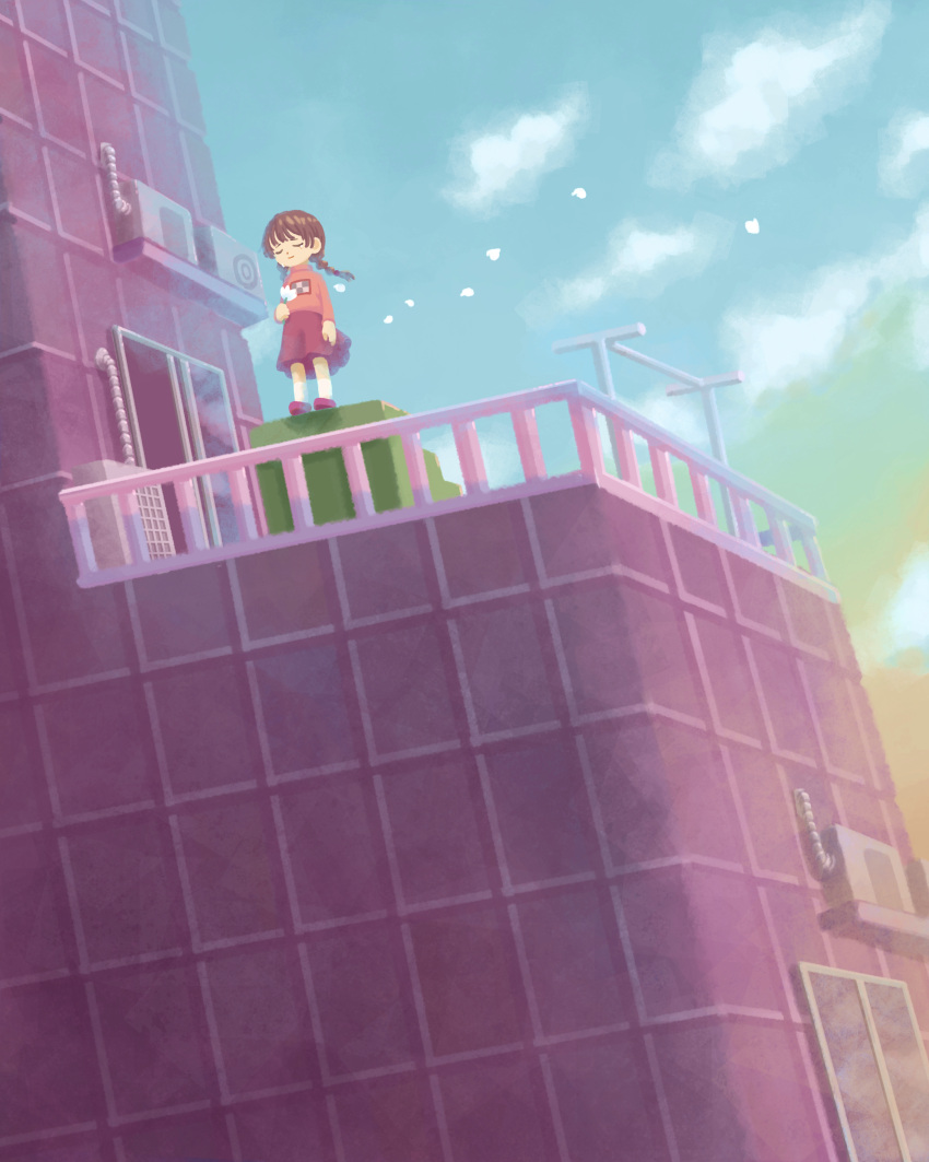 1girl absurdres arm_at_side balcony blue_sky building closed_eyes closed_mouth clothesline cloud cloudy_sky commentary_request crying dutch_angle facing_viewer floating_hair flower glass_door gradient_sky green_sky highres holding holding_flower imminent_suicide kneehighs ledge long_sleeves madotsuki niwasakino_daei open_door orange_sky petals pink_sweater print_sweater purple_footwear purple_skirt railing sad_smile skirt sky sliding_doors smile socks solo spoilers stairs standing sweater turtleneck turtleneck_sweater white_flower white_socks wide_shot wind yume_nikki