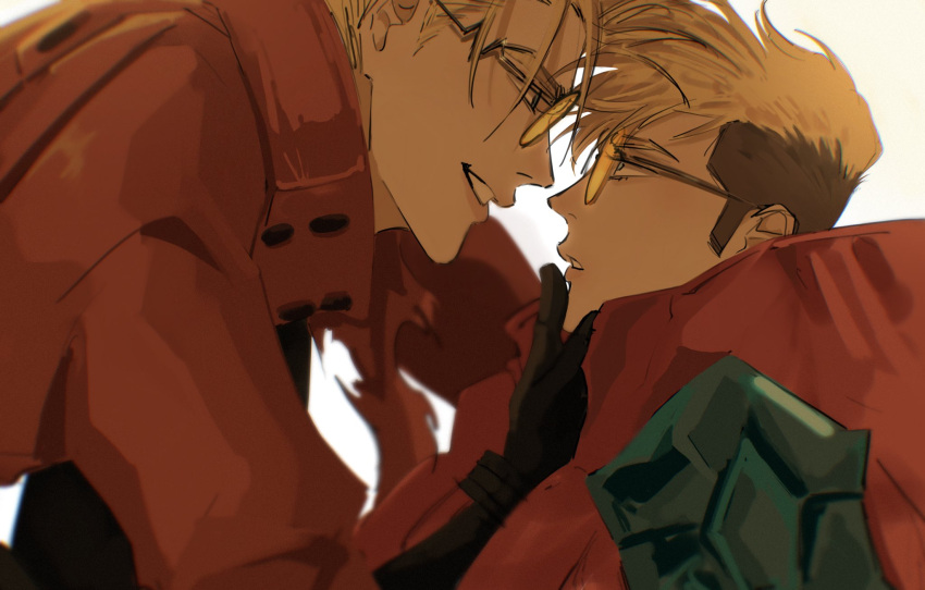 2boys brown-tinted_eyewear coat dual_persona eye_contact eyelashes finger_to_another's_mouth highres lips looking_at_another male_focus multiple_boys red_coat selfcest simple_background smile spiked_hair sunglasses sxnalien tinted_eyewear trigun trigun_stampede undercut upper_body vash_the_stampede white_background yaoi