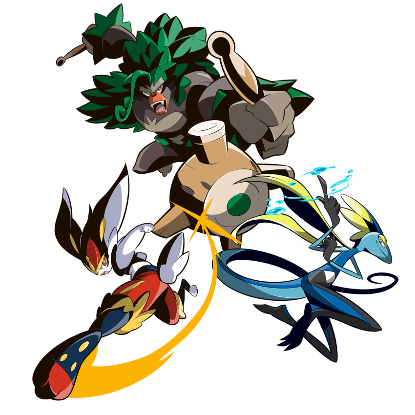 cinderace clenched_hand drum drumsticks glaucosilvaart highres index_finger_raised instrument inteleon kicking lizard no_humans open_mouth orange_eyes pokemon pokemon_(creature) rabbit red_eyes rillaboom simple_background water white_background yellow_eyes