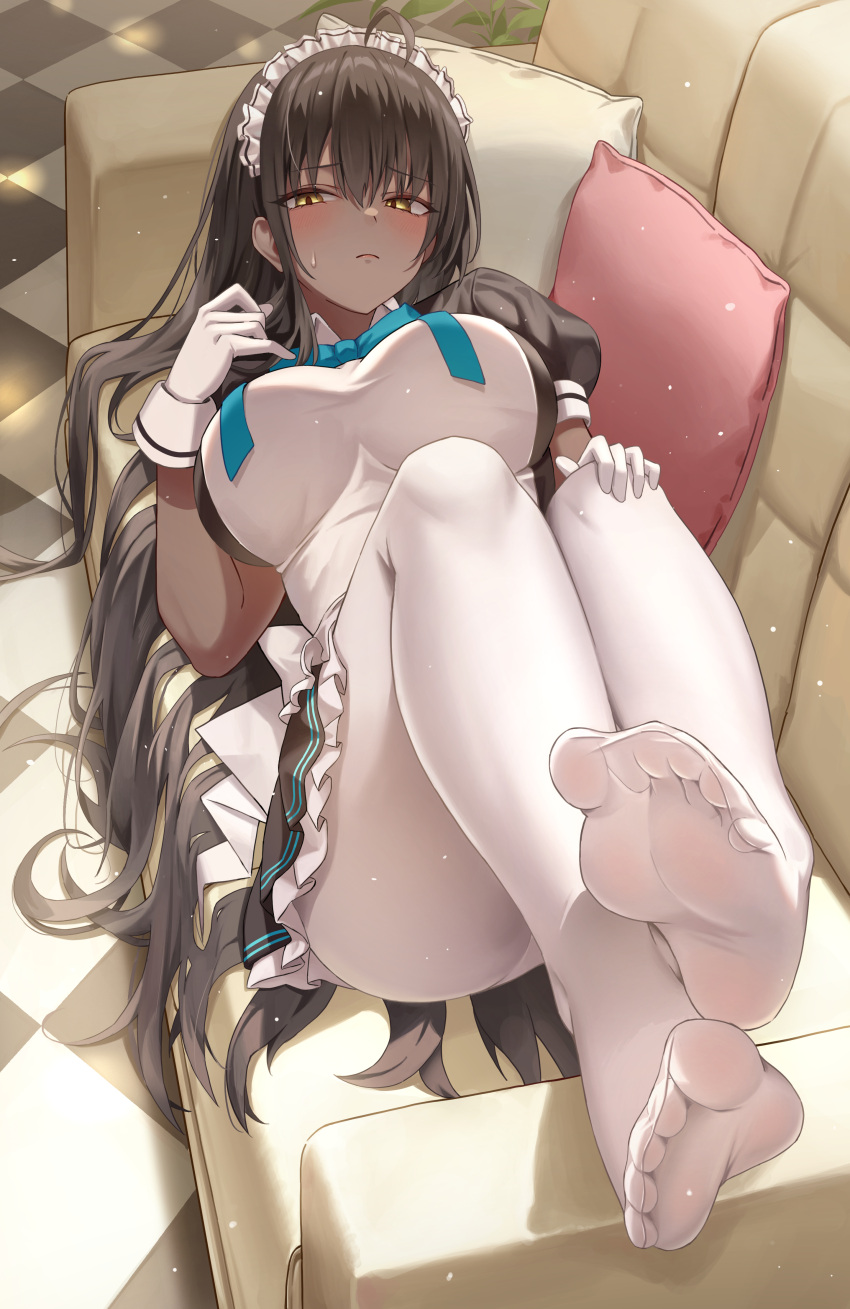 1girl absurdres ahoge black_hair blue_archive blue_bow blue_bowtie blush bow bowtie breasts checkered_floor closed_mouth couch dark-skinned_female dark_skin feet full_body gloves highres indoors karin_(blue_archive) large_breasts long_hair looking_at_viewer lying maid_headdress no_shoes on_back pantyhose pillow short_sleeves soles solo thighs toes white_gloves white_headwear white_pantyhose yellow_eyes yj_(yojo_san)