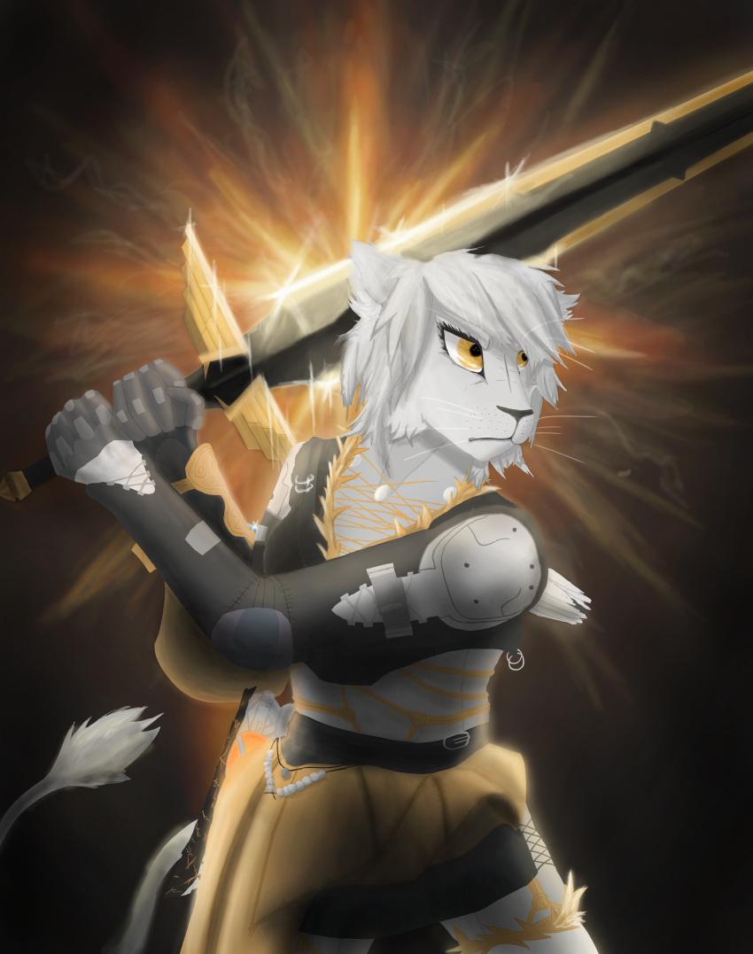 absurd_res angry anthro armor attack chair clothed clothing crybitur destiny_(video_game) destiny_2 felid female fire fur furniture guardian gun hair handgun hi_res holding_object holding_sword holding_weapon lion mammal melee_weapon pantherine ranged_weapon simple_background solo sword tail throne weapon white_body white_fur yellow_eyes