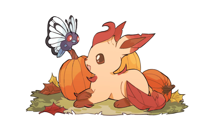 :d alternate_color autumn autumn_leaves brown_eyes butterfree commentary english_commentary grass highres leaf leafeon looking_at_viewer mjoyart no_humans open_mouth pokemon pokemon_(creature) pumpkin red_eyes simple_background smile white_background