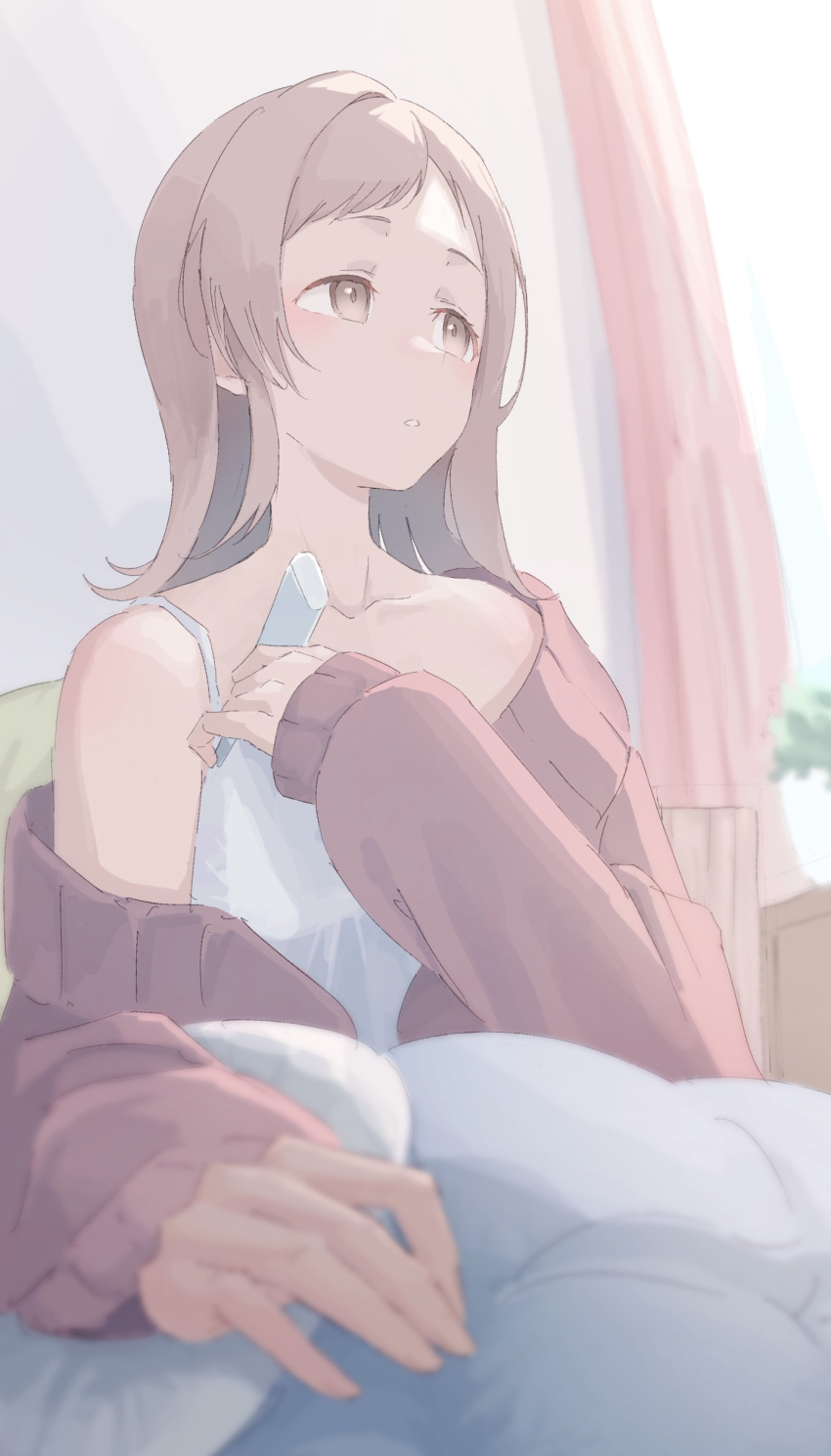 1girl :o absurdres blush camisole cardigan collarbone digital_thermometer highres idolmaster idolmaster_shiny_colors indoors light_brown_hair looking_ahead masshiromilktea11014 pink_cardigan sakuragi_mano sitting solo thermometer white_camisole