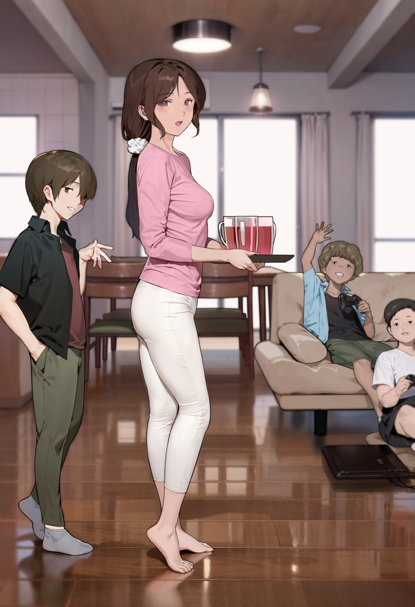 1girl 3boys absurdres age_difference ass barefoot blurry blurry_background breasts chinese_commentary commentary_request controller couch curtains day drink feet from_side game_controller glass highres holding holding_controller holding_drink holding_plate imminent_netorare indoors legs living_room long_hair long_sleeves looking_at_viewer mature_female medium_breasts multiple_boys no_shoes on_couch on_floor open_mouth original pants partial_commentary pink_shirt plate playing_games reflection revision shirt short_hair sitting standing toes walking white_pants window wooden_floor yewang19