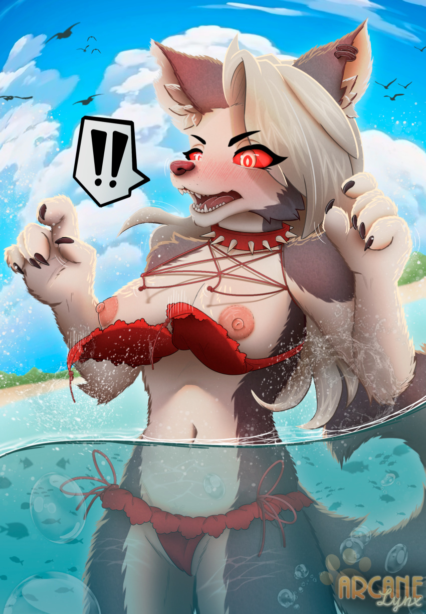 anthro arcanelynx bath bathing beach bikini boss breasts canid canine canis clothing falling female helluva helluva_boss hi_res loona loona_(helluva_boss) mammal nipple_slip public seaside solo suit summer sun swimwear under water wolf