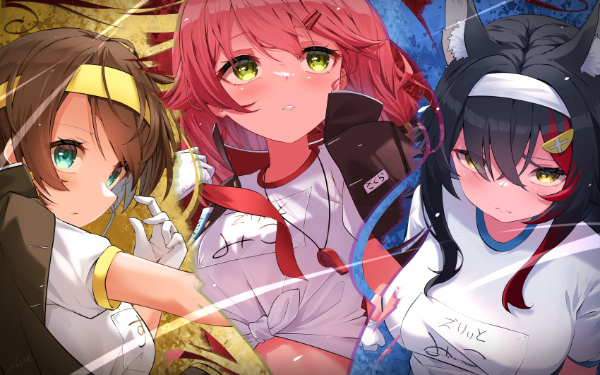3girls absurdres animal_ear_fluff animal_ears black_hair black_jacket blush breasts brown_hair closed_mouth commentary gloves green_eyes hair_between_eyes headband highres hololive jacket large_breasts light_frown looking_afar looking_at_viewer looking_up maeru multicolored_hair multiple_girls ookami_mio oozora_subaru open_clothes open_jacket parted_lips red_hair sakura_miko shirt short_hair short_sleeves streaked_hair symbol-only_commentary tied_shirt upper_body virtual_youtuber whistle whistle_around_neck white_gloves white_shirt wolf_ears yellow_eyes yellow_headband