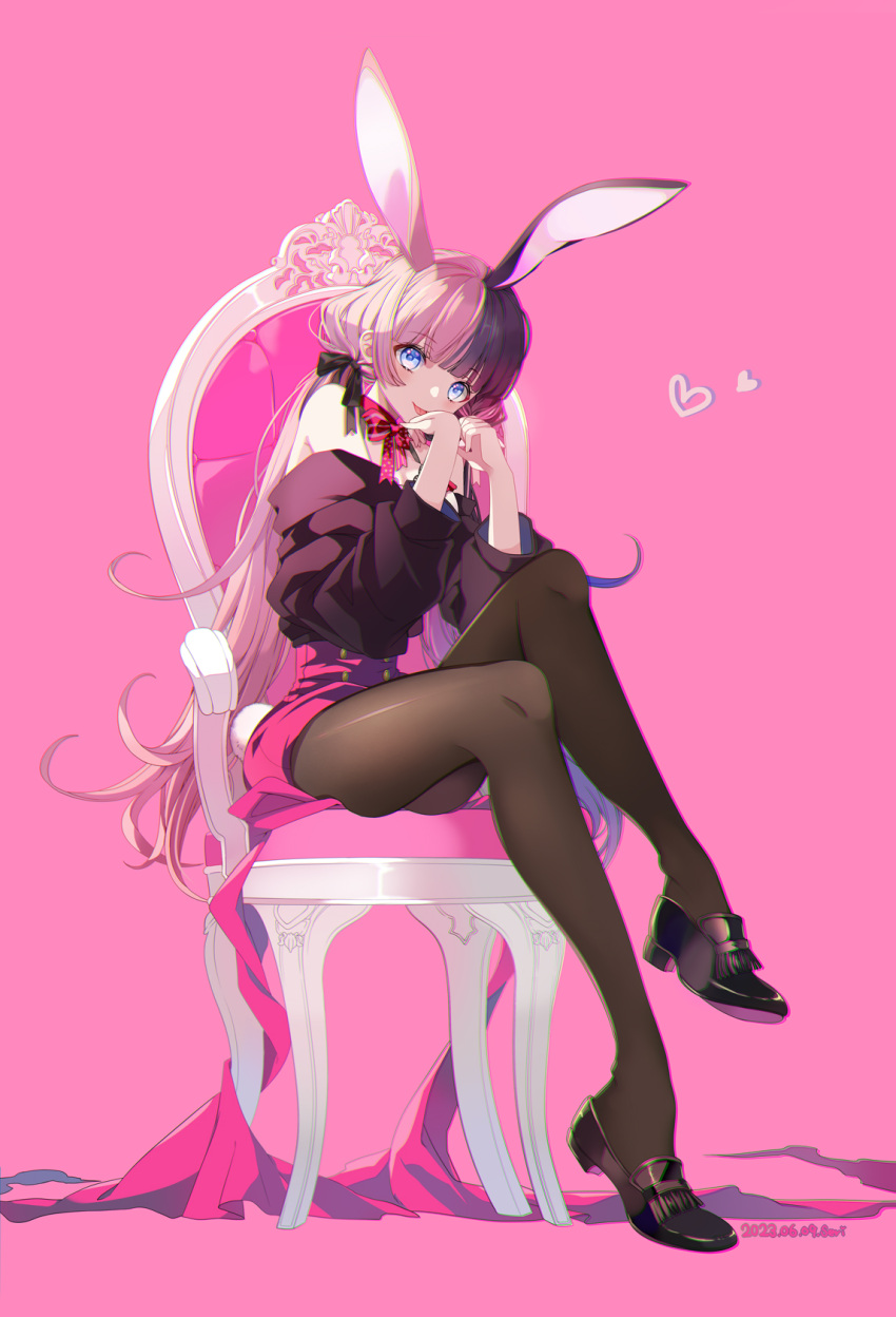 1girl animal_ears artist_name bare_shoulders black_bow black_footwear black_hair black_sweater black_thighhighs blue_eyes blunt_bangs bow bowtie chair dated fake_animal_ears flipped_hair hair_bow heart heart_print high-waist_skirt highres iris_black_games loafers long_hair looking_at_viewer multicolored_hair off-shoulder_sweater off_shoulder pink_background pink_bow pink_bowtie pink_hair pink_ribbon pink_skirt rabbit_ears ribbon seri_sketch shoes sidelocks simple_background sitting skirt solo split-color_hair sweater tachibana_hinano_(vtuber) thighhighs tongue tongue_out twintails virtual_youtuber vspo!