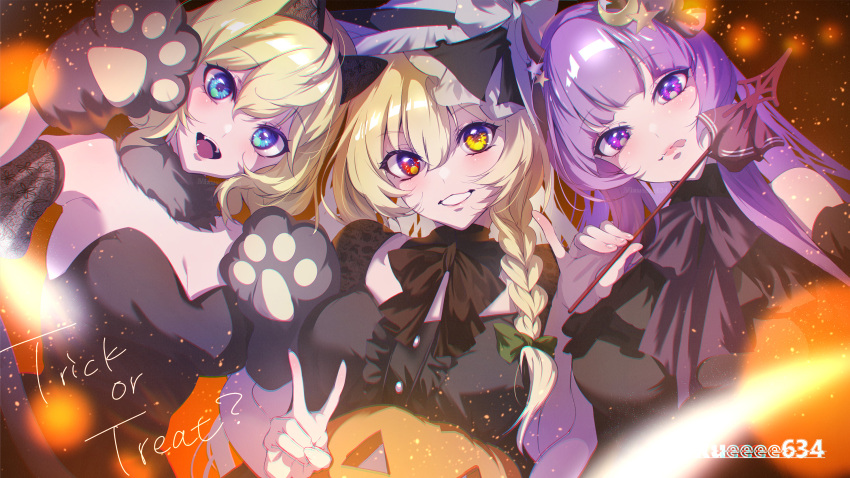 3girls alice_margatroid animal_hands black_dress black_gloves black_headwear blonde_hair blue_eyes braid breasts buttons cleavage crescent crescent_hair_ornament dress gloves grin hair_between_eyes hair_ornament halloween halloween_costume hat heterochromia highres jack-o'-lantern kirisame_marisa large_breasts long_hair looking_at_viewer multiple_girls open_mouth patchouli_knowledge paw_gloves purple_eyes purple_hair red_eyes short_hair single_braid smile star_(symbol) star_hair_ornament sumi_(u-kar1n-89m0) tongue tongue_out touhou trick_or_treat twitter_username v witch_hat yellow_eyes