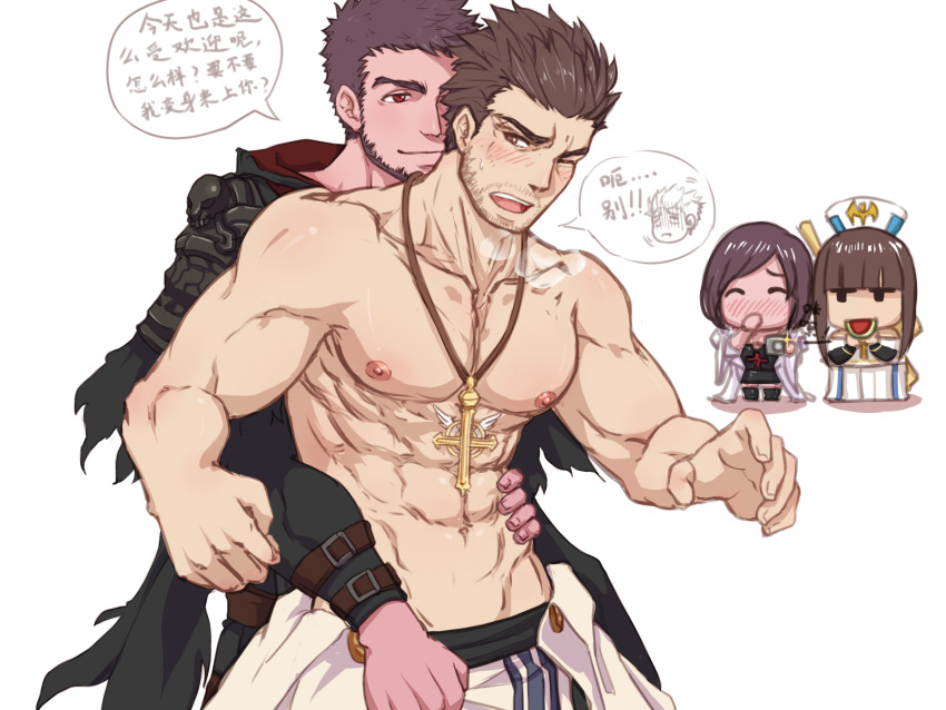 2boys 2girls abs arm_belt arm_on_shoulder avenger_(dungeon_and_fighter) bara beard behind_another blush brown_hair character_request check_character chibi chibi_inset chinese_text covering_mouth cross cross_necklace dungeon_and_fighter facial_hair feet_out_of_frame fujoshi grabbing grabbing_from_behind hand_on_another's_waist highres hood hood_down jewelry kulolin large_pectorals licking licking_nipple male_focus male_priest_(dungeon_and_fighter) mature_male multiple_boys multiple_girls muscular muscular_male navel necklace nipples pectorals priest priest_(dungeon_and_fighter) red_eyes saint_(dungeon_and_fighter) saliva seductive_smile short_hair shy sideburns smile standing stomach stubble thick_eyebrows translation_request undressing_another yaoi