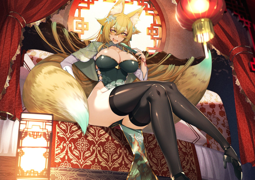 1girl animal_ears black_footwear black_thighhighs blonde_hair blush breasts brown_eyes cleavage cluseller commission crossed_legs fang fox_ears fox_girl fox_tail high_heels highres indoors large_breasts long_sleeves looking_at_viewer open_mouth original second-party_source sitting skeb_commission smile solo tail thighhighs