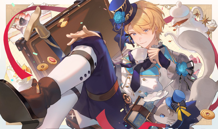 1boy absurdres blonde_hair blue_eyes blue_flower blue_pants book boots brown_footwear cake cake_slice cane cup flower food frilled_shirt_collar frilled_sleeves frills full_body hair_between_eyes hat high_heel_boots high_heels highres holding holding_cup holostars kishido_temma looking_at_viewer male_focus mini_hat mini_top_hat pants ribbon short_hair smile solo suitcase sweets teacup teapot top_hat yonsang_(swordmaster)