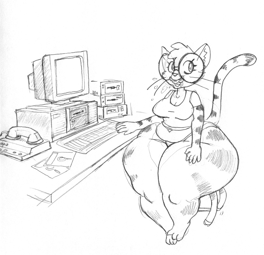anthro black_and_white bodily_fluids bottom_heavy braces breasts cathy_(vdisco) chair cleavage clothed clothing computer computer_monitor domestic_cat eyewear felid feline felis female floppy_disk fur furniture glasses hi_res keyboard mammal medium_breasts monochrome overweight overweight_anthro overweight_female phone saliva sitting solo striped_body striped_fur stripes thick_thighs traditional_media_(artwork) vdisco wide_hips