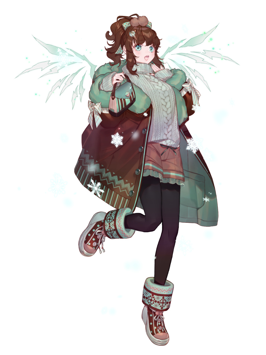 1girl :d bag black_pantyhose blue_eyes boots bow brown_coat brown_hair chain_paradox coat food-themed_hair_ornament green_coat green_nails grey_sweater hair_bow hair_ornament hand_up handbag highres ice_cream_hair_ornament long_hair mitoma_mao pantyhose shichimi smile snowflakes solo standing standing_on_one_leg sweater transparent_background