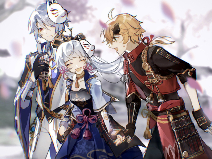 1girl 2boys agemaki_knot ahoge arm_at_side arm_guards armor asymmetrical_armor asymmetrical_hair belt black_armor black_gloves black_headband black_jacket black_pants black_shirt blonde_hair blue_hair blue_jacket blue_skirt blurry blurry_background breastplate bubble_tea chinese_knot choker closed_eyes closed_mouth cowboy_shot cup depth_of_field disposable_cup dog_tags dou drink drinking_straw family_crest fingerless_gloves flower_knot fox_mask genshin_impact gloves gold_tassel gold_trim green_eyes grey_hair hair_ornament hair_ribbon hand_grab hand_up headband highres holding holding_cup holding_drink jacket japanese_armor japanese_clothes jewelry kamisato_ayaka kamisato_ayato kote kusazuri light_blush light_smile long_hair long_sleeves looking_at_another looking_down mask mask_on_head medium_hair mole mole_under_eye mole_under_mouth multicolored_clothes multicolored_jacket multiple_boys necklace open_mouth outdoors pants petals ponytail purple_eyes purple_shirt purple_tassel red_jacket ribbon shirt short_sleeves shoulder_armor skirt sleeves_rolled_up smile sode sweat tassel_choker thoma_(genshin_impact) tress_ribbon two-sided_fabric two-sided_jacket two-tone_jacket user_fhfk2887 vision_(genshin_impact) walking white_jacket white_mask white_pants wide_sleeves