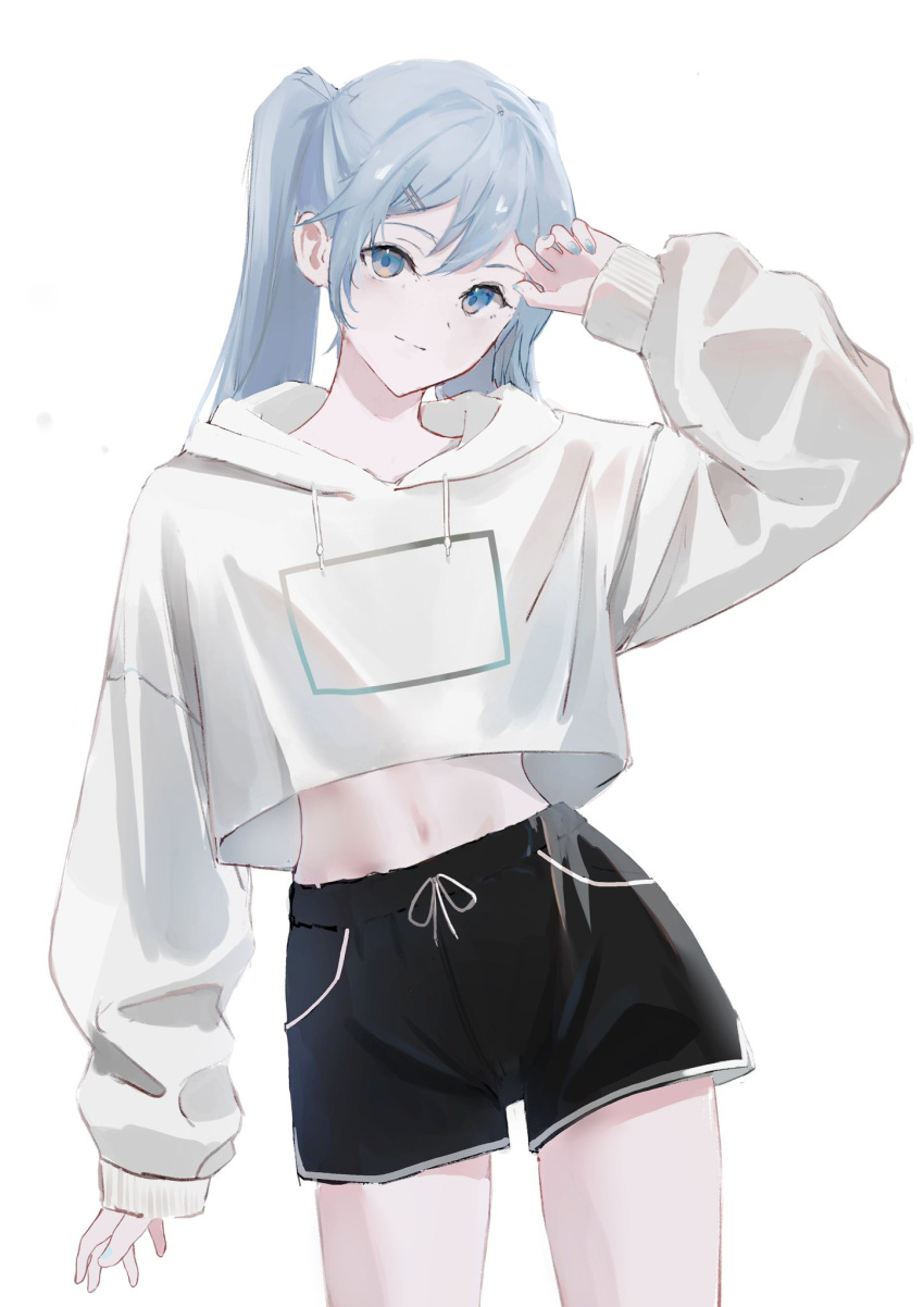 1girl alternate_costume black_shorts blue_eyes blue_hair blue_nails closed_mouth cowboy_shot cropped_hoodie drawstring fingernails hair_between_eyes hair_ornament hairclip hand_up hatsune_miku highres hood hoodie light_smile long_hair looking_at_viewer midriff nail_polish navel potetoneko shorts simple_background sleeves_past_wrists smile solo split_mouth twintails vocaloid white_background white_hoodie