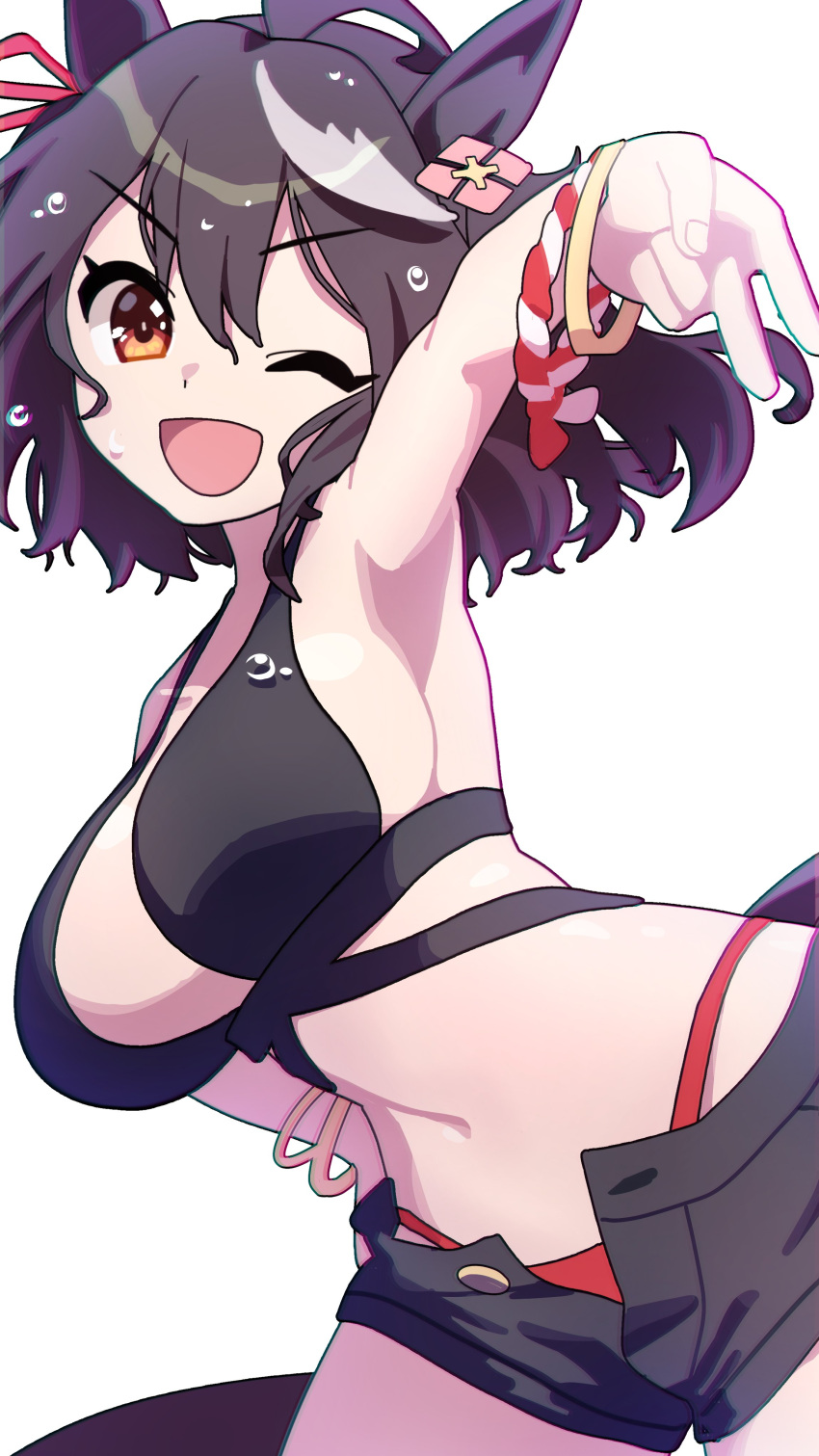 1girl absurdres ahoge animal_ears bikini bikini_under_clothes black_hair black_shorts bracelet breasts chromatic_aberration cowboy_shot hand_on_own_hip highres horse_ears horse_girl horse_tail jewelry kitasan_black_(umamusume) kuroto_mato large_breasts looking_at_viewer medium_hair mismatched_bikini multicolored_hair navel one_eye_closed open_mouth orange_eyes outstretched_arm rope shimenawa short_shorts shorts simple_background smile solo streaked_hair swimsuit tail two_side_up umamusume v wet wet_hair white_background