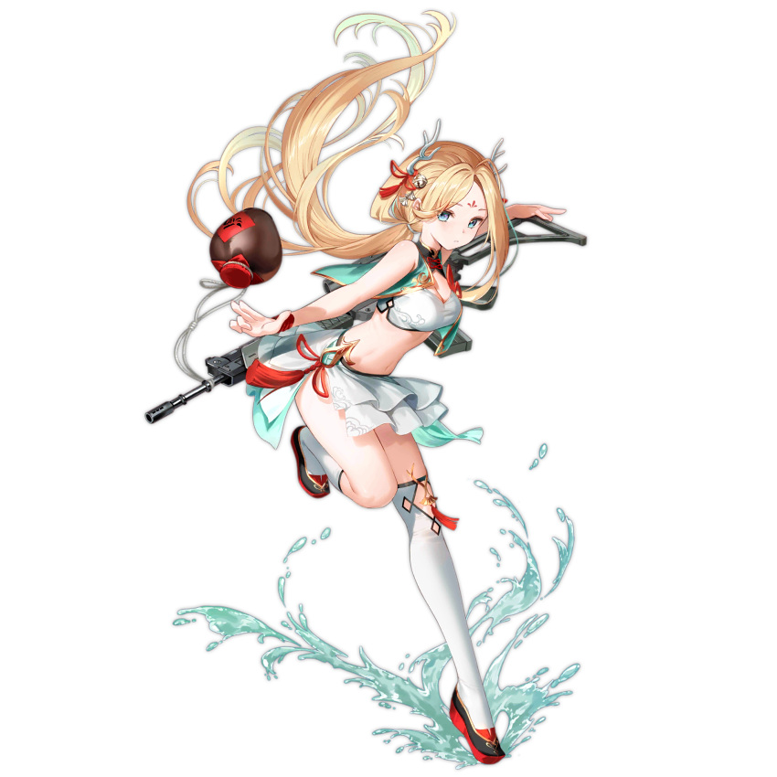 1girl ak_5 ak_5_(girls'_frontline) ak_5_(graceful_landing)_(girls'_frontline) antlers aqua_vest assault_rifle asymmetrical_legwear baizu_(guszx) bell black_footwear blonde_hair blue_eyes breasts chinese_clothes cleavage closed_mouth colored_shoe_soles diamond_cutout facial_mark fighting_stance fn_fnc forehead_mark full_body girls'_frontline gun gun_on_back highres jar jingle_bell long_hair looking_at_viewer low_ponytail medium_breasts navel official_alternate_costume official_art open_clothes open_vest parted_bangs red_ribbon red_wristband ribbon rifle simple_background skirt socks solo splashing standing standing_on_one_leg strapless thighhighs third-party_source transparent_background tube_top uneven_legwear very_long_hair vest water weapon weapon_on_back white_skirt white_socks white_thighhighs white_tube_top