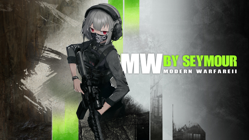 1girl absurdres artist_name assault_rifle call_of_duty call_of_duty:_modern_warfare_2 grey_hair grey_shirt gun headphones highres holding holding_gun holding_weapon load_bearing_vest looking_at_viewer military original red_eyes rifle seymour shirt short_hair solo tactical_clothes watch weapon wristwatch