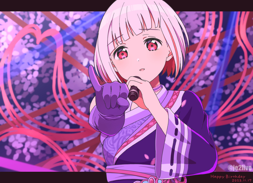 1girl asymmetrical_bangs asymmetrical_gloves colored_inner_hair dated furrowed_brow gloves happy_birthday highres holding holding_microphone japanese_clothes jenny_(artist) link!_like!_love_live! long_sleeves looking_at_viewer love_live! microphone mismatched_gloves multicolored_hair parted_lips pinky_out purple_gloves red_eyes red_hair short_hair single_glove solo streaked_hair twitter_username upper_body white_hair wide_sleeves yugiri_tsuzuri