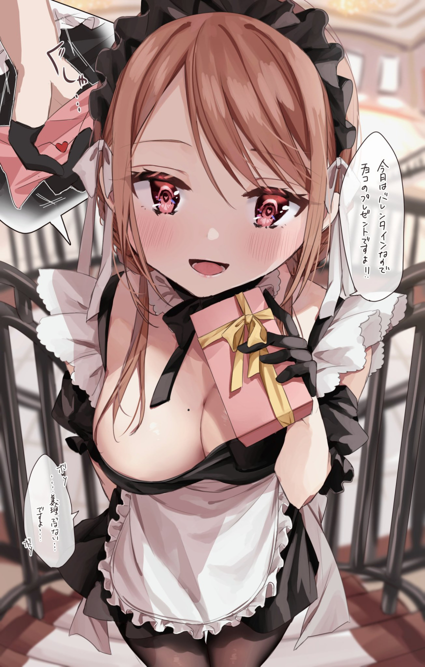 1girl apron arm_behind_back black_gloves black_pantyhose black_ribbon blurry blurry_background blush box braid breasts brown_hair chigusa_minori cleavage commentary_request cowboy_shot detached_sleeves frilled_apron frills gift gift_box gloves half_gloves heart heart-shaped_pupils highres kokoro_iroduku_koi_ga_shitai large_breasts long_hair looking_at_viewer love_letter low_twin_braids lower_teeth_only maid maid_headdress mole mole_on_breast momiji_ayaka neck_ribbon open_mouth pantyhose red_eyes ribbon sidelocks solo symbol-shaped_pupils teeth translated twin_braids white_apron
