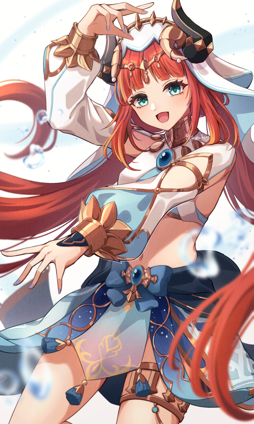 1girl :d absurdres arm_up blue_eyes blue_nails blue_skirt brooch commentary_request cowboy_shot crop_top fake_horns genshin_impact highres horns jewelry long_hair long_sleeves looking_at_viewer midriff nail_polish navel nilou_(genshin_impact) open_mouth red_hair reia_hana skirt smile solo standing stomach thighlet thighs veil very_long_hair white_background