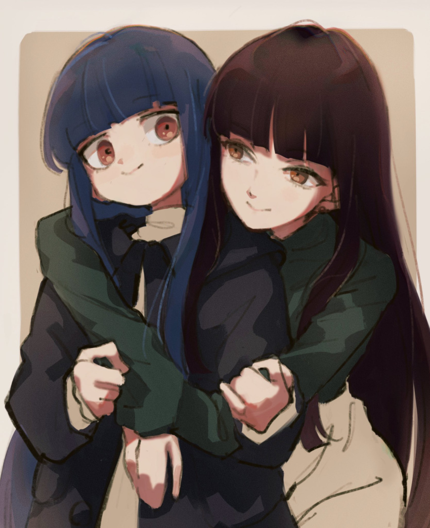 2girls black_jacket blue_hair blunt_bangs brown_eyes brown_hair brown_pants brown_sweater closed_mouth commentary_request earrings eye_contact green_sweater hand_on_another's_chest head_on_another's_shoulder highres holding_another's_arm hug hug_from_behind idolmaster idolmaster_cinderella_girls imay3927 jacket jewelry jitome kurokawa_chiaki light_blush long_hair looking_at_another multiple_girls pants red_eyes sajo_yukimi shirt_tucked_in sidelocks smile stud_earrings sweater turtleneck turtleneck_sweater upper_body